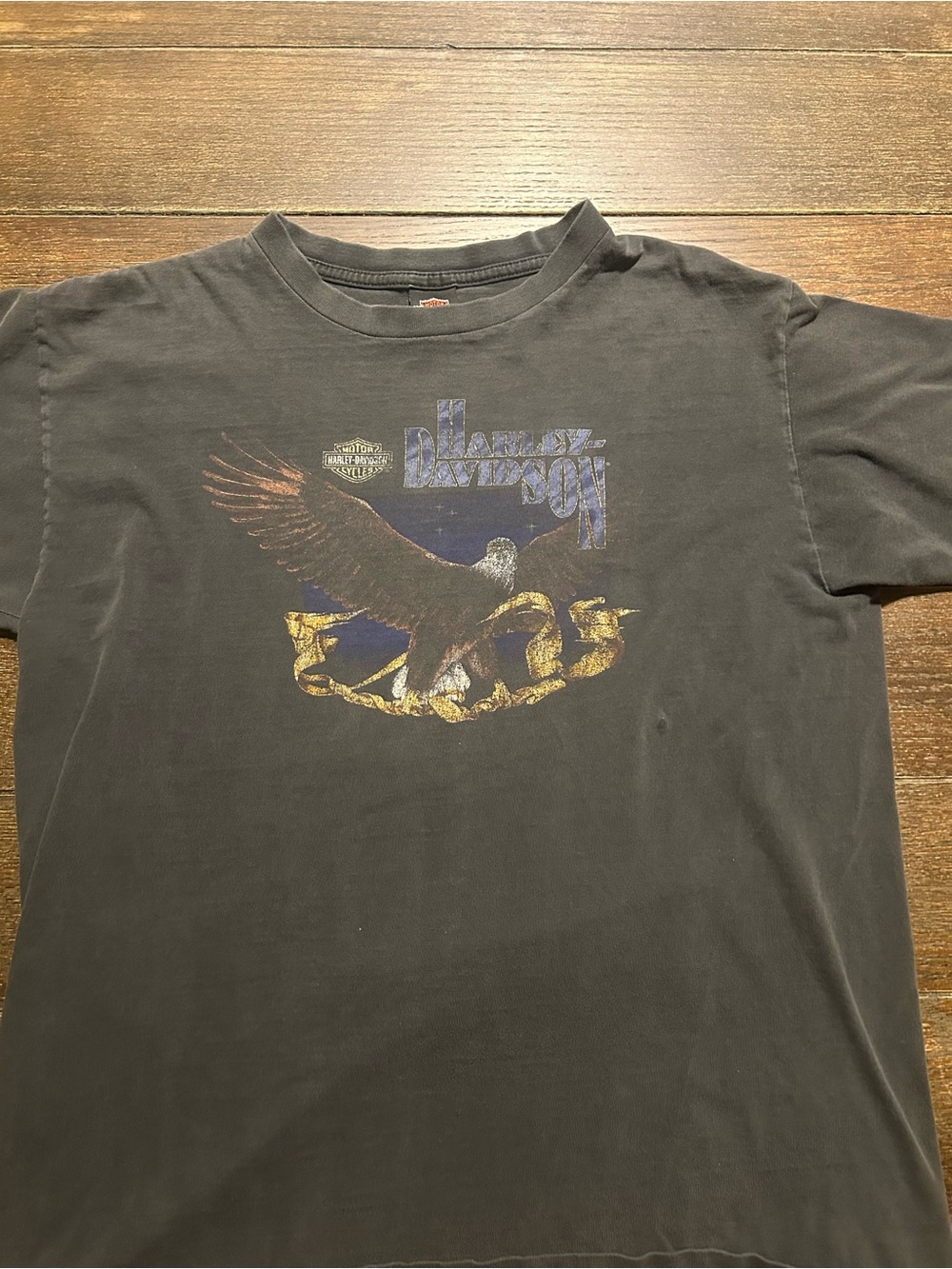 Vintage Harley-Davidson Black Tee with Eagle and Gold Accent Auburn, Mass.